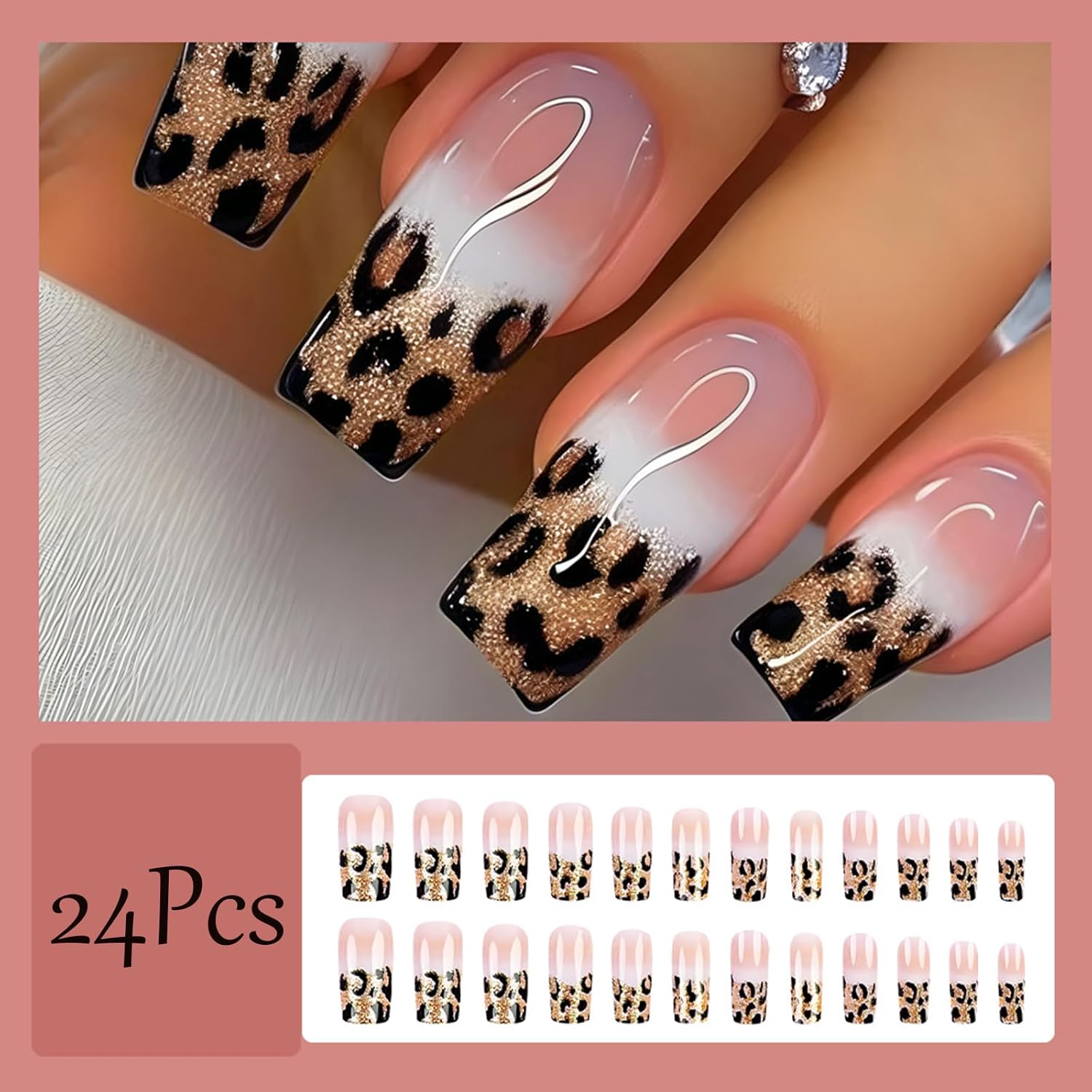 24 Piece Long Square Leopard French Press on Nails Pink White Gradient Glitter Set - Image 2