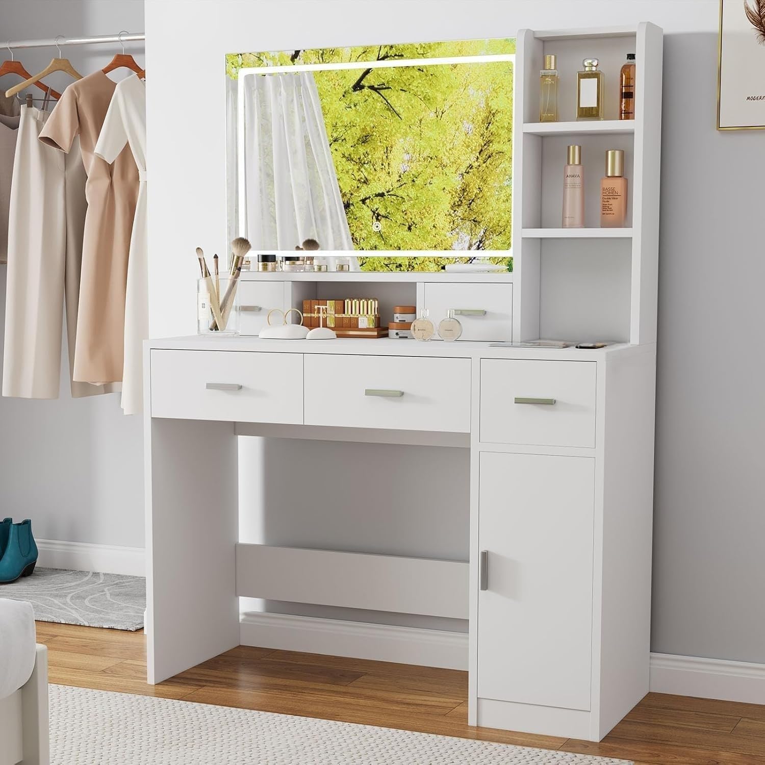 Vanity Desk with Mirror and Soft Lighting, Makeup Vanity with Drawers for Bedroom (White) - Image 7