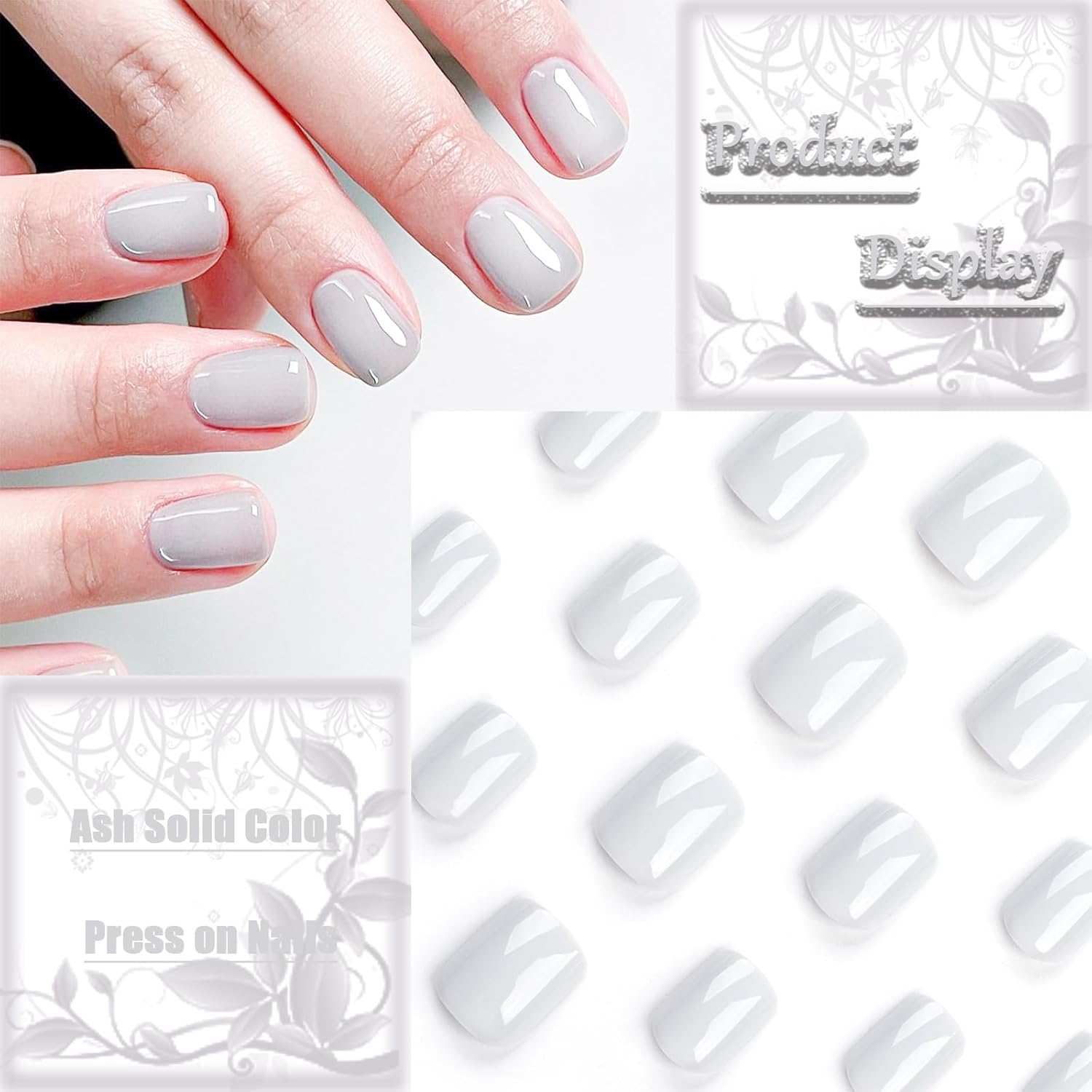 24Pcs Glossy Ash Short Square Press on Nails for Women and Girls, Solid Color Design - Image 2