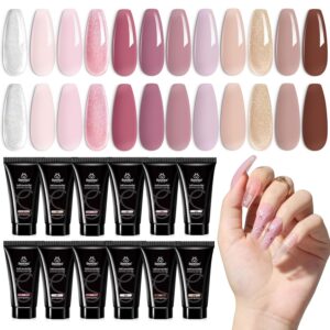 Beetles Poly Nail Extension Kit, 12 Colors Pink Nude Poly Nail Gel Clear White Glitter Poly Extension Gel Nail Kit Lazy Afternoon Nail Extension Gel Nail Art Design Gifts for Women