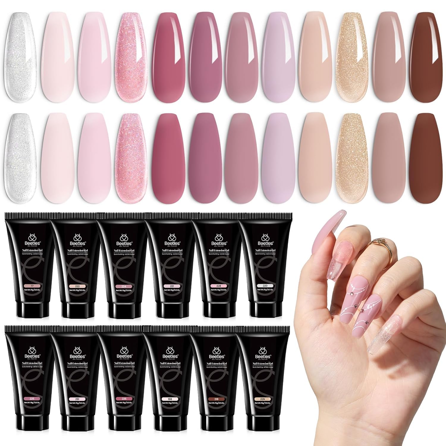 Beetles Poly Nail Extension Kit, 12 Colors Pink Nude Poly Nail Gel Clear White Glitter Poly Extension Gel Nail Kit Lazy Afternoon Nail Extension Gel Nail Art Design Gifts for Women