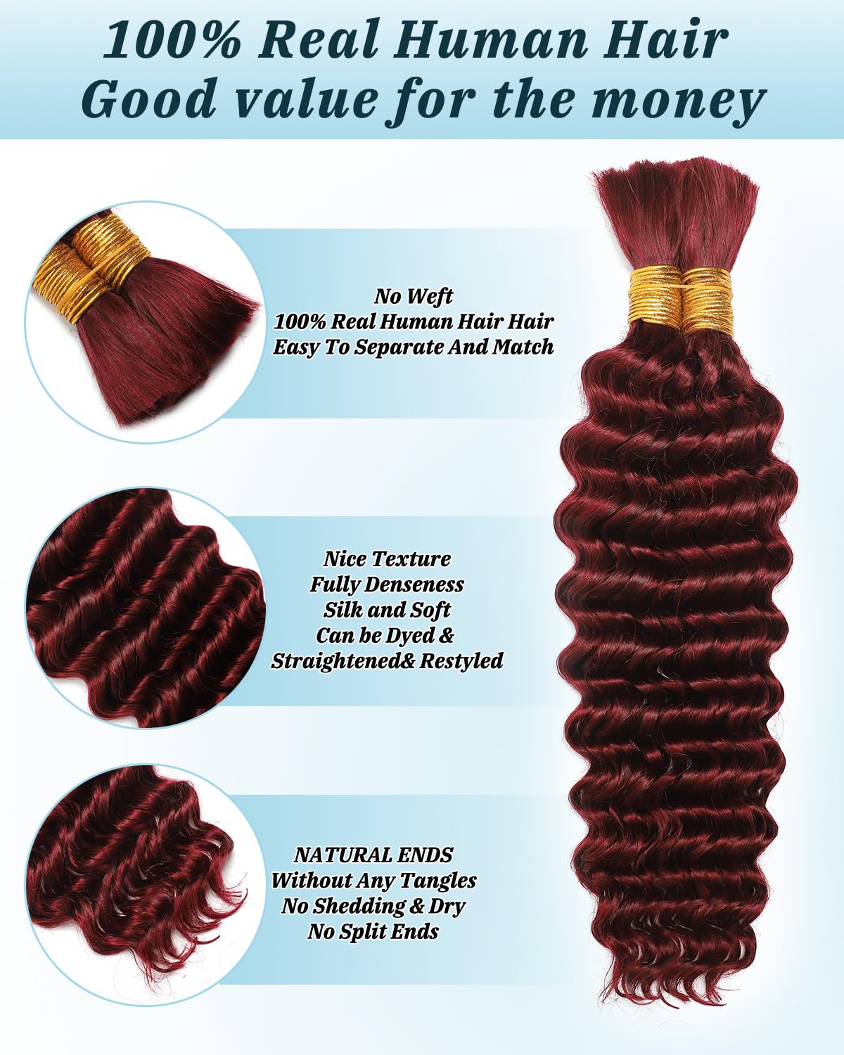 100g 16 Inch Burgundy 99J Deep Wave Human Braiding Hair Bundle - Image 3