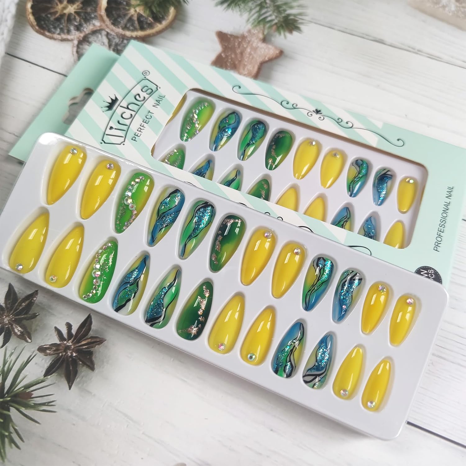 Glossy Green Gradient Medium Almond Marble Press On Nails 24Pcs with Rhinestones - Image 4