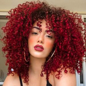 Xinran Omber Red Kinky Curly Wig Afro with Bangs,red and black Afro 70s Wigs for Women,Afro Synthetic Full Wigs Soft and Fluffy Like a Bomb 14 Inches Short Curly Hair