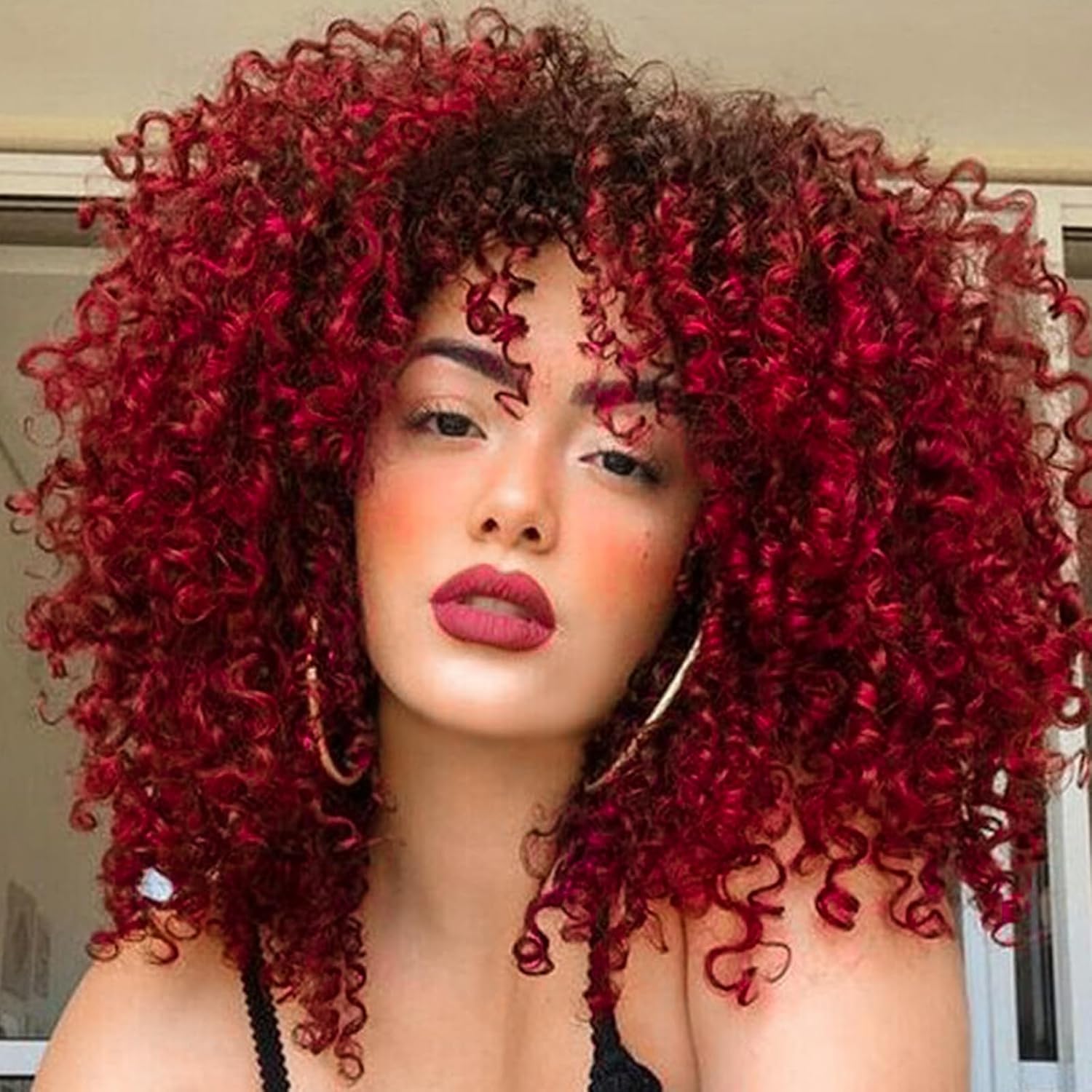 Xinran Omber Red Kinky Curly Wig Afro with Bangs,red and black Afro 70s Wigs for Women,Afro Synthetic Full Wigs Soft and Fluffy Like a Bomb 14 Inches Short Curly Hair