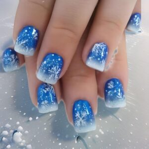 Christmas Press on Nails Short Fake Nails Gradient Blue White False Nails Winter Snowflake Acrylic Nails Xmas Artificial Nails Holiday Glue on Nails Square Stick on Nails for Women New Year Manicure