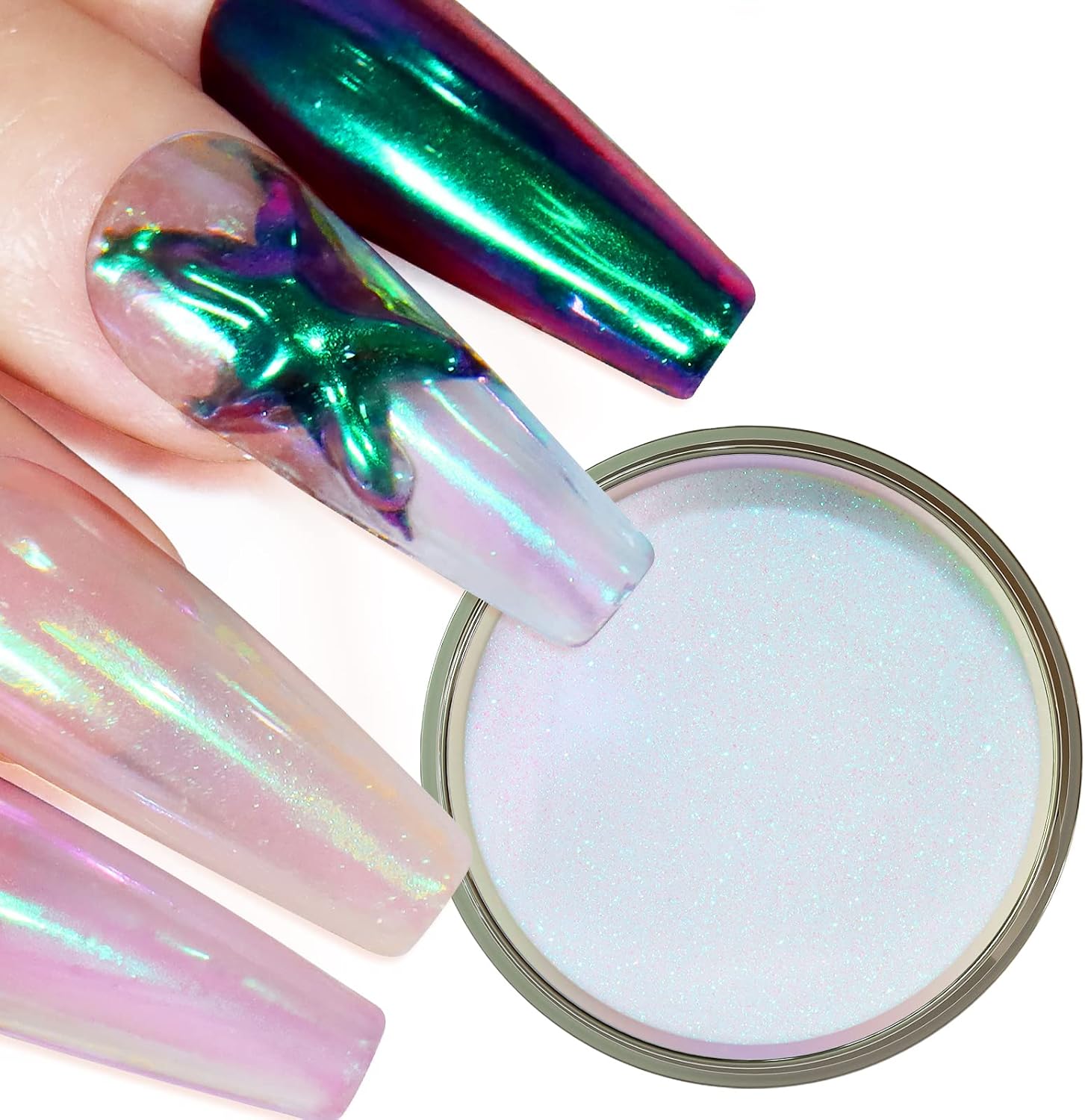 Allstarry Unicorn Chrome Nail Powder, Aurora Mermaid Iridescent White Pearl Nail Chrome Powder Pigment Glitter Fairy Dust for Nail Art, Manicure, Gel Nail Polish - Dream Purple