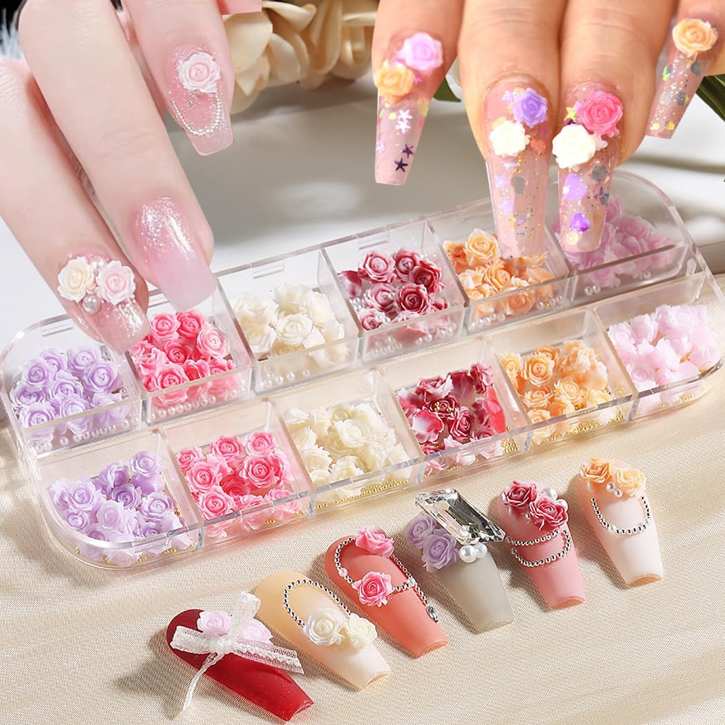 12 Grids Rose Flower Nail Charms with Iridescent Glitter Sequins and 1 Pen for Nail Art - Image 4