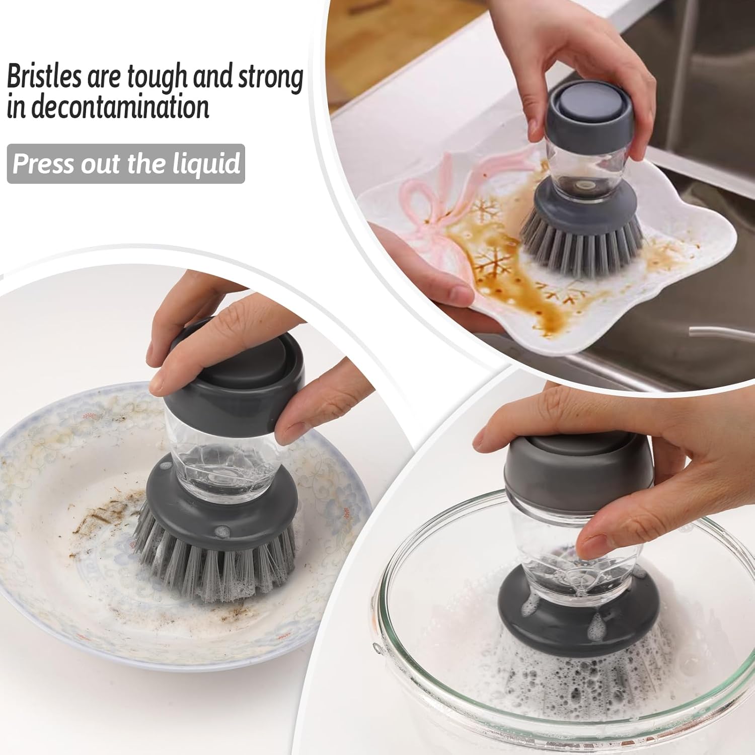 Palm Dish Brush with Built-in Soap Dispenser and Draining Tray for Kitchen Cleaning - Image 4
