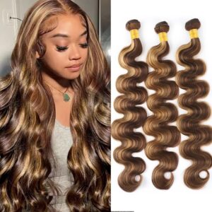 YISEA Ombre Highlight Body Wave Bundles Human Hair 12A Honey Blonde P4/27 Human Hair Body Wave 4 Bundles (18 20 22 inch) 100% Unprocessed Brazilian Virgin Hair Bouble Weft Natural Weave