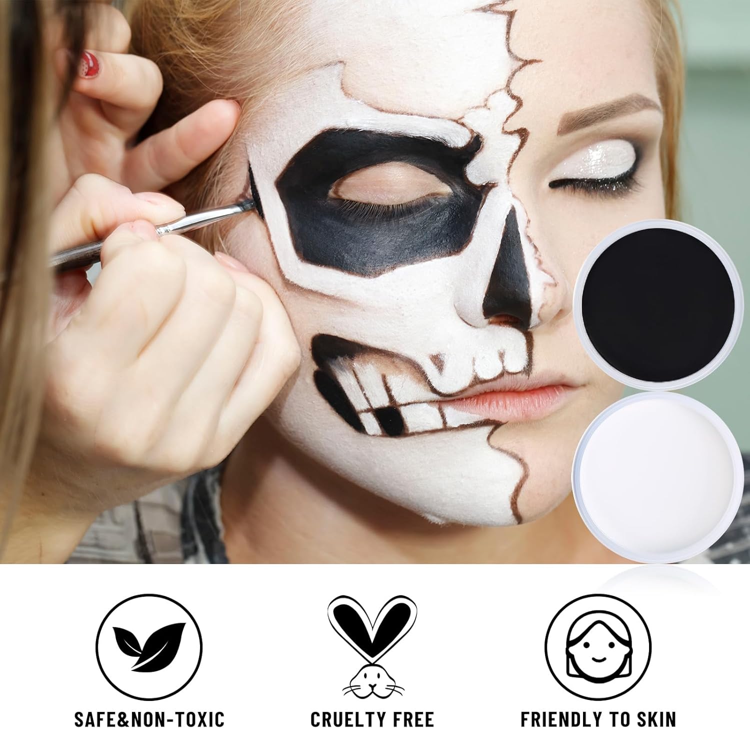 BOBISUKA Black White Face Body Paint Kit with Setting Powder 3 Brushes Adult Size - Image 3