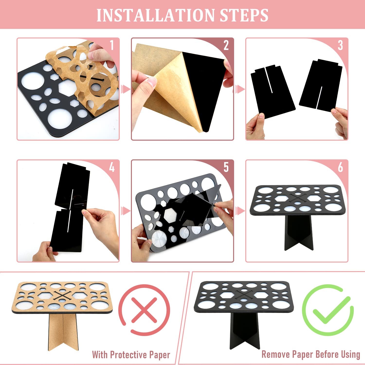 Silicone Makeup Brush Cleaning Mat and Drying Rack, 28 Holes, Clover Design, Black/Pink - Image 3