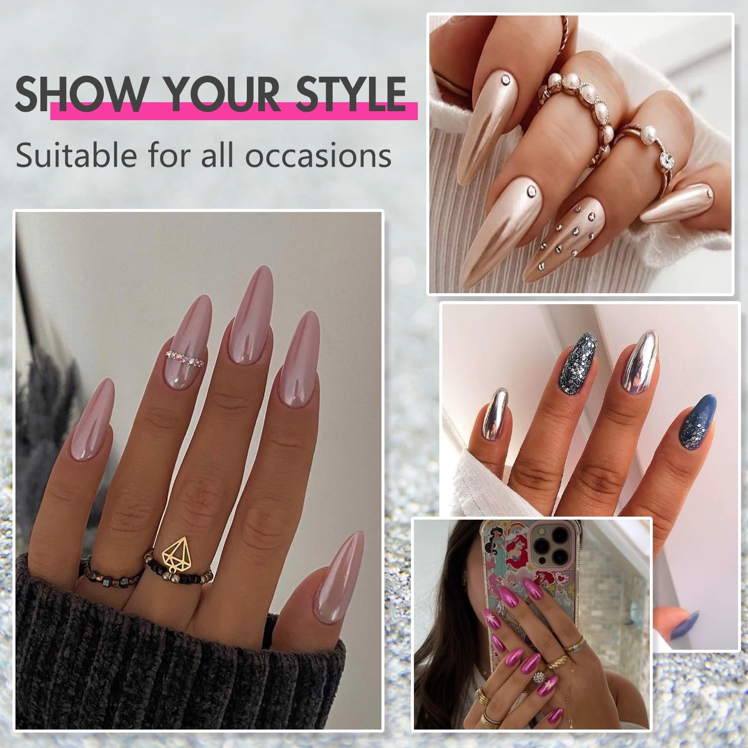 Almond Chrome Glazed Mirror Metal Black Press on Nails Medium Length Reusable Acrylic Set - Image 7