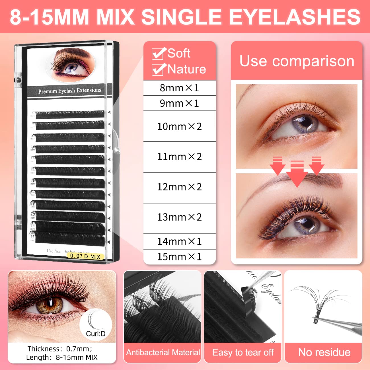 Eyelash Extension Kit Individual Lashes 0.07D Curl 8-15mm with Application Tools - Image 2