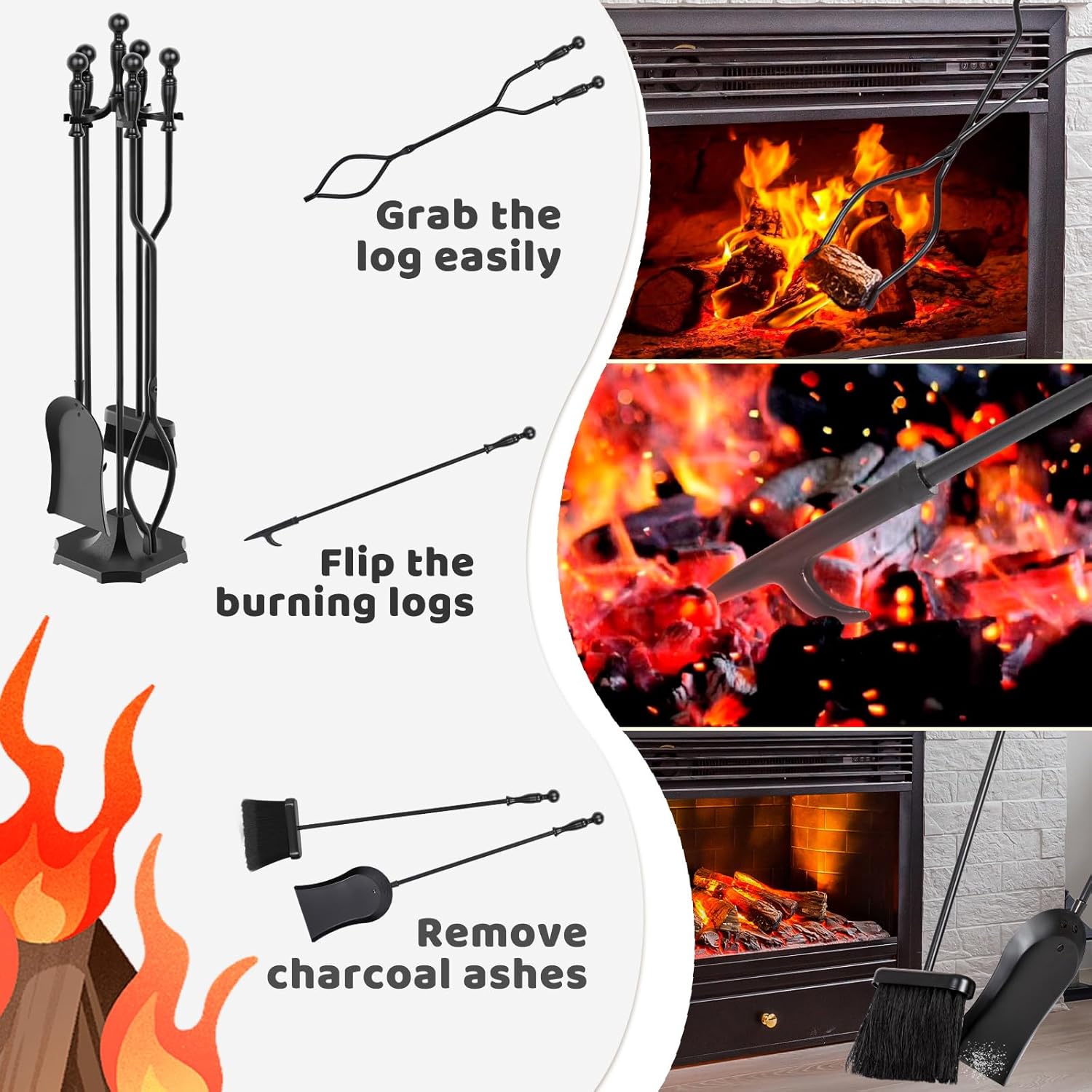31 Inch 5-Piece Wrought Iron Fireplace Tool Set Ergonomic Handles Indoor Outdoor Use - Image 5