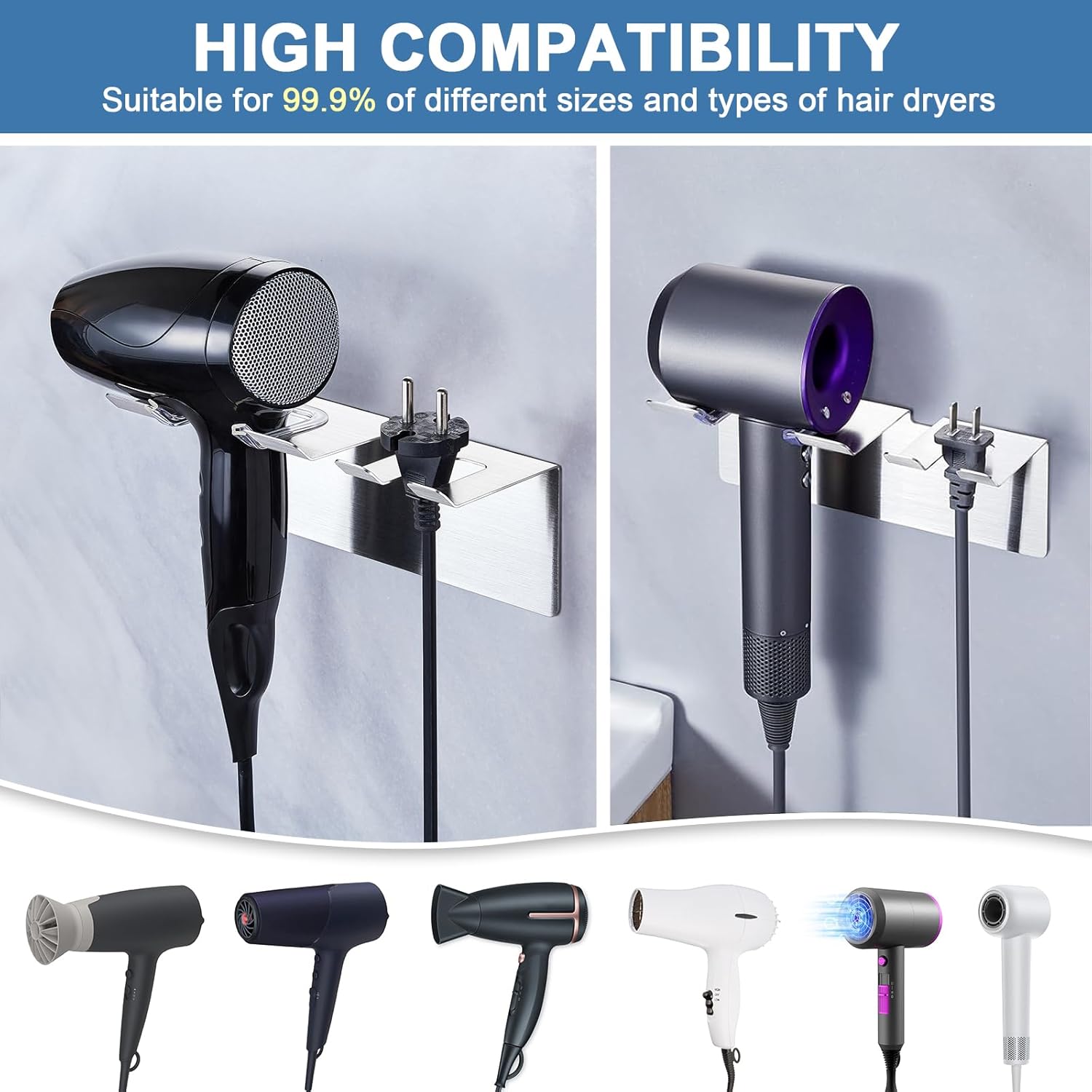 SUS 304 Stainless Steel Wall Mount Hair Dryer Holder with Self Adhesive Plug Hooks for Bathroom - Image 5