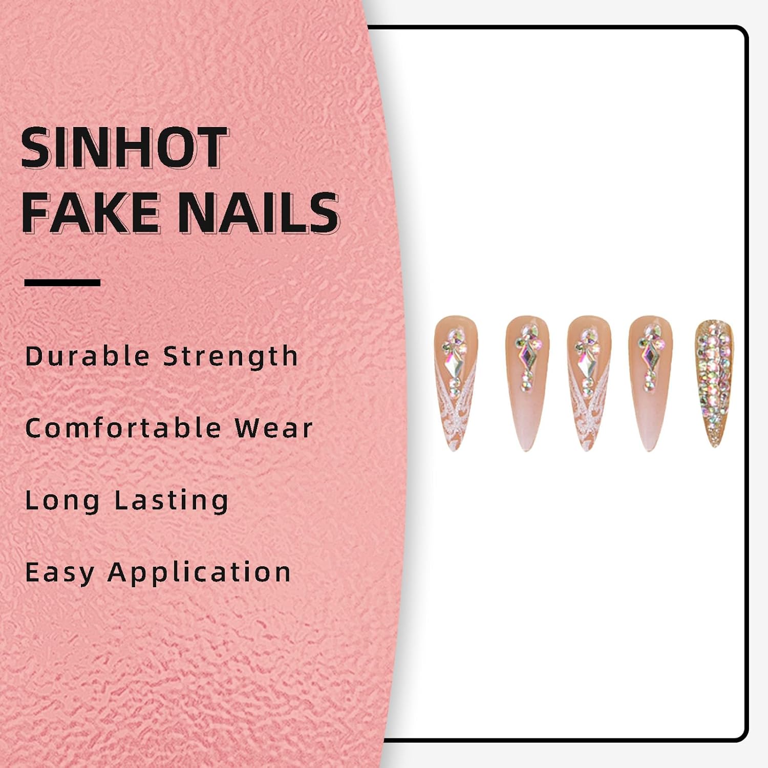SINHOT 24pc Long Glossy Stiletto Press on Nails with Rhinestone Glitter Design - Image 7