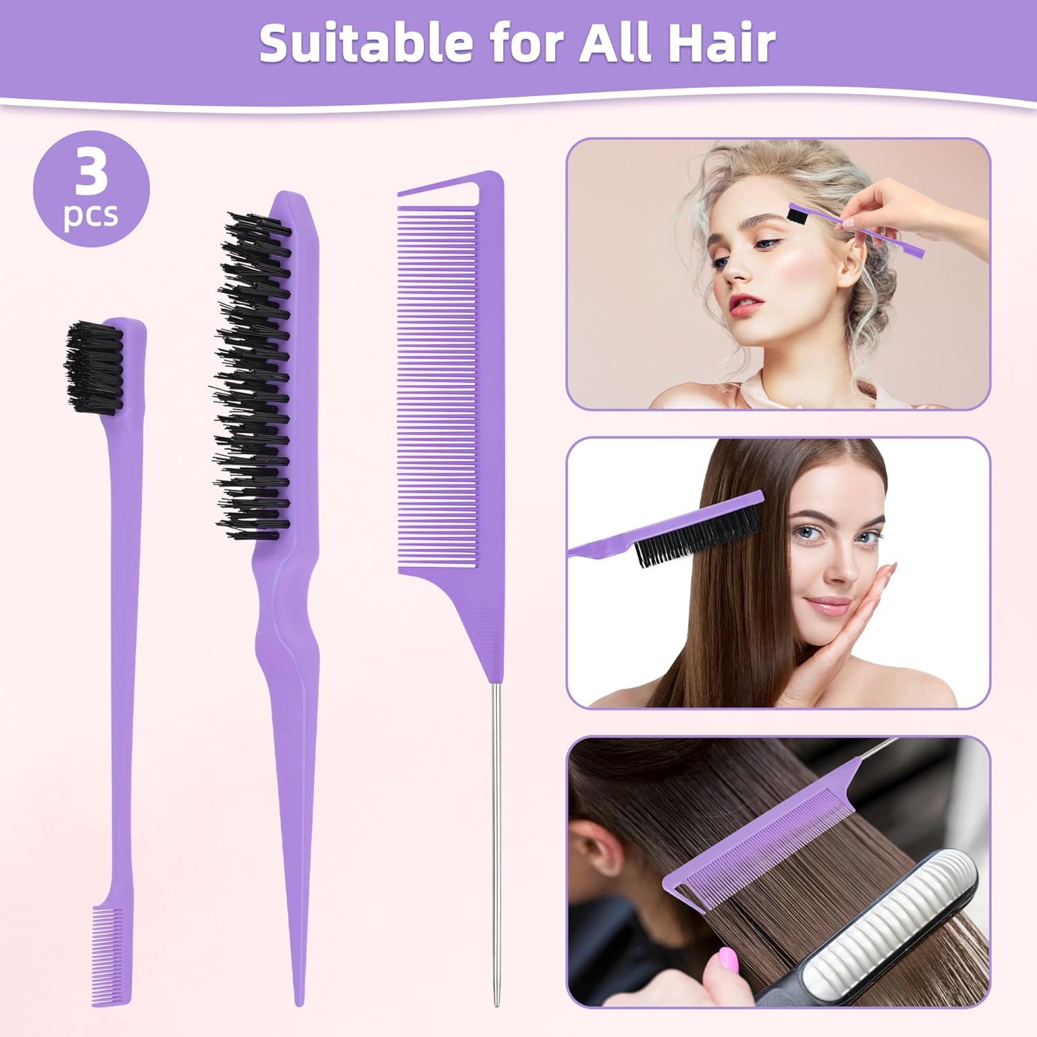 3 Piece Hair Styling Comb Set: Stainless Steel Rat Tail & Edge Brush for Women - Image 3