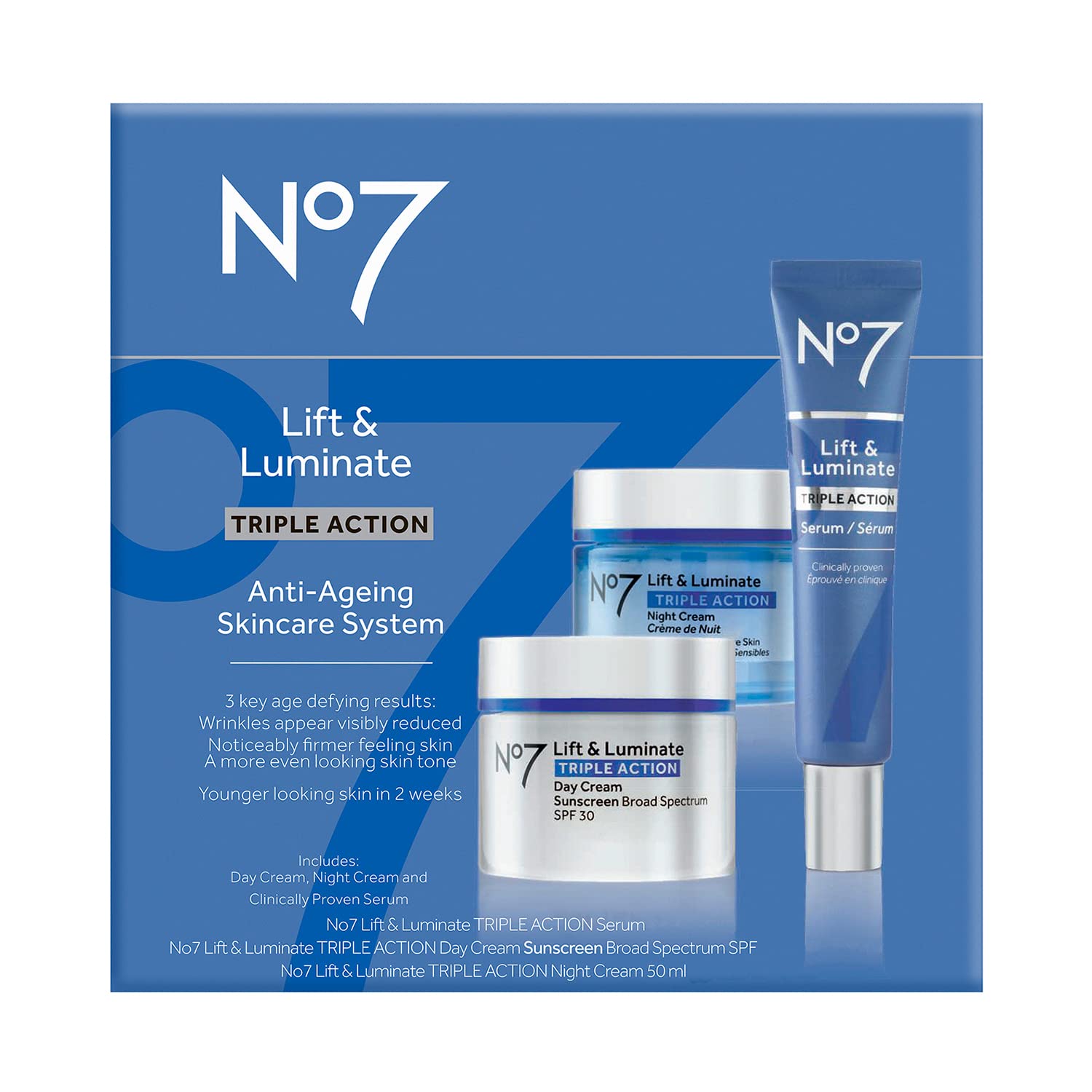 No7 Lift & Luminate Anti-Aging Skincare Set Day Cream SPF 30 Serum Night Cream 3 Piece - Image 2