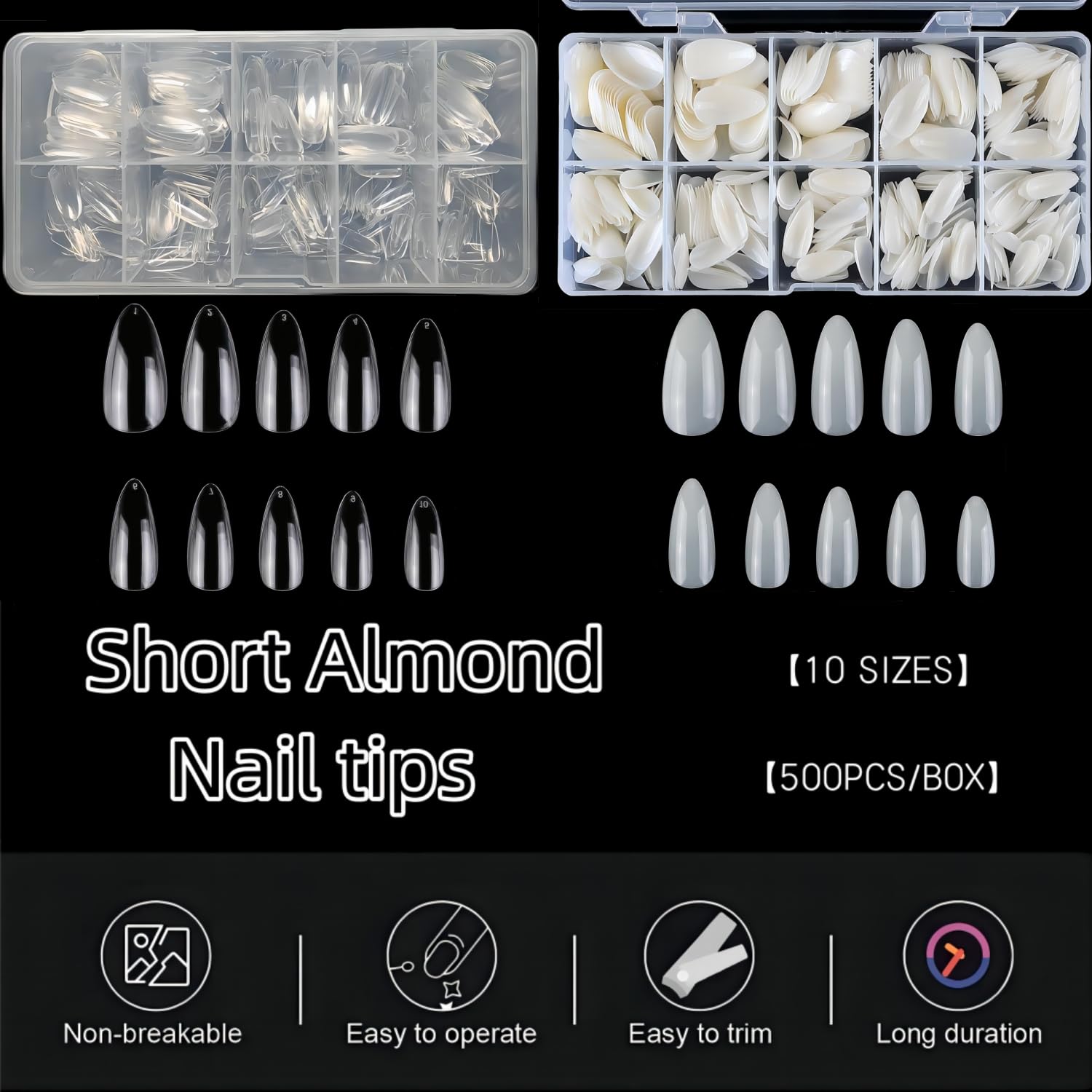 1000pcs Short Almond Nail Tips, 10 Sizes Soft Gel Full Cover Acrylic, Includes Storage Box - Image 3