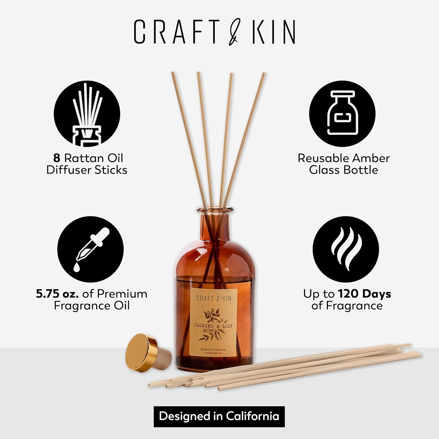 Craft & Kin Lily & Jasmine Reed Diffuser 5.75oz Amber Glass with 8 Rattan Sticks - Image 2