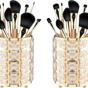LUGUNU Makeup Brush Holder with Golden Crystal Bling – Elegant Vanity Organizer for Brushes, Pens & Pencils, Ideal for Bathroom or Office Countertop(2Pack)