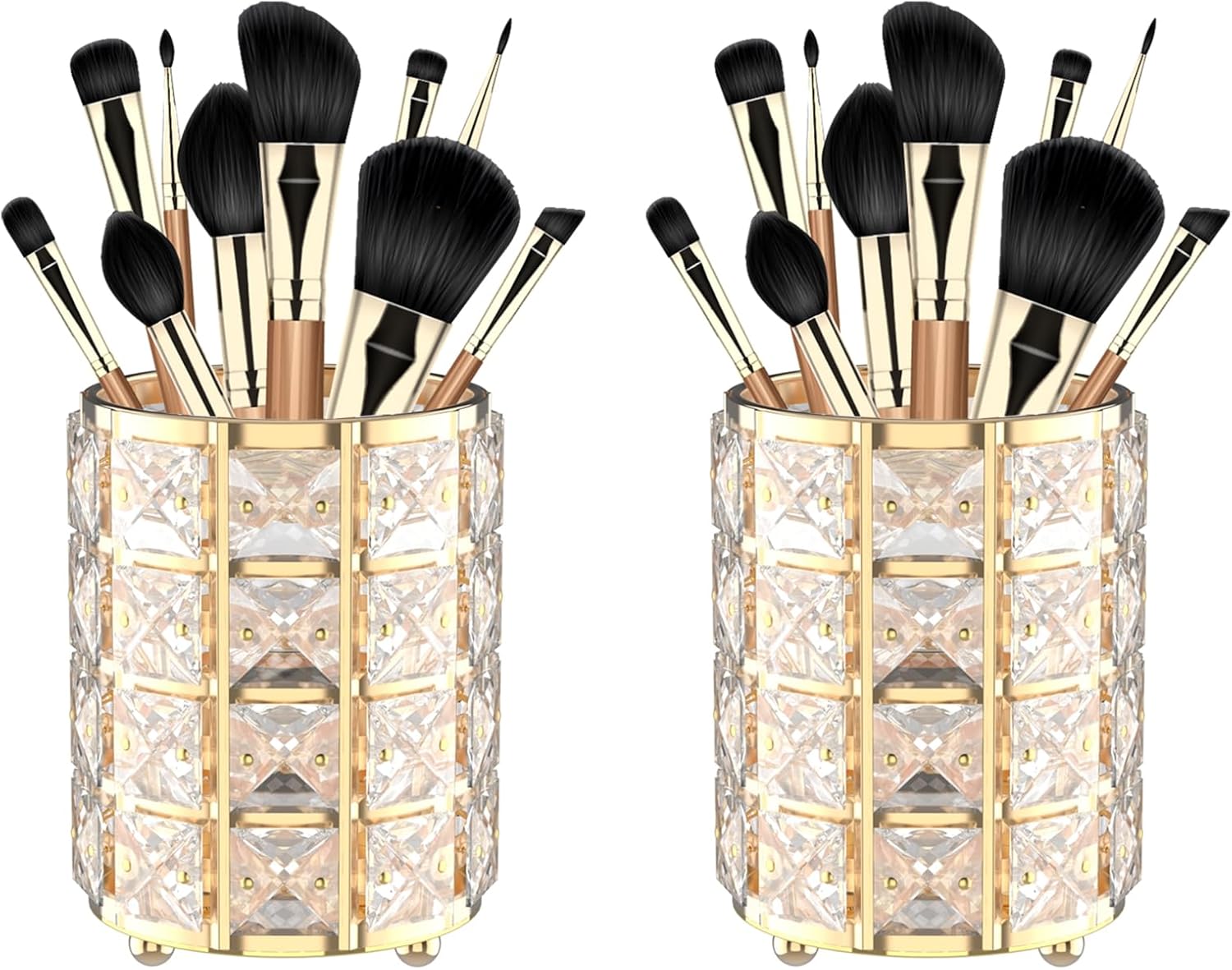 LUGUNU Makeup Brush Holder with Golden Crystal Bling – Elegant Vanity Organizer for Brushes, Pens & Pencils, Ideal for Bathroom or Office Countertop(2Pack)