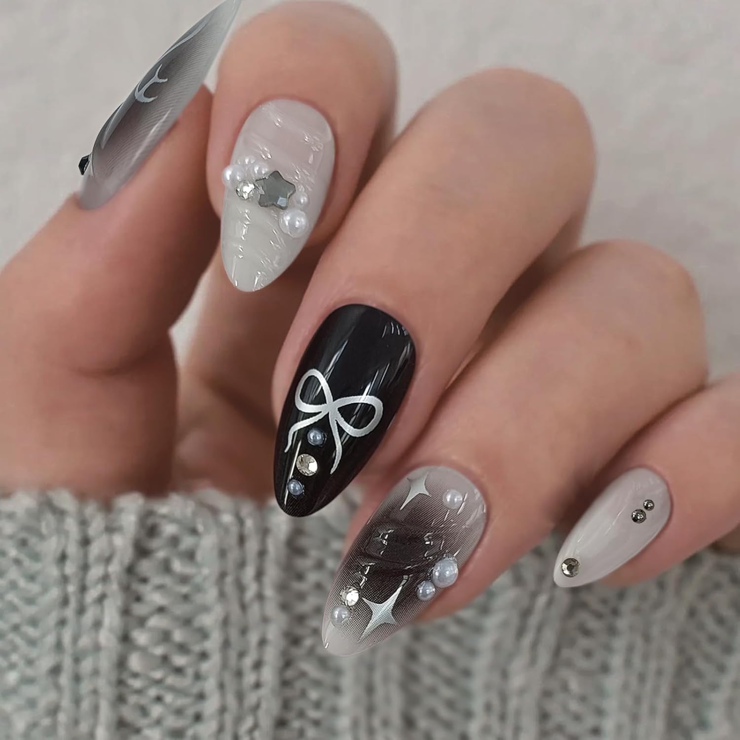 Goth Edgy Almond Press on Nails 24pcs with 3D Bow and Silver Star Embellishments - Image 3