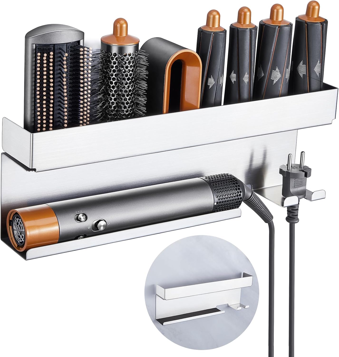 Storage Hair Dryer Holder for Curling Iron Wands Accessories, Hair Straightener Holder, Wall Mount Hair Tool Organizer for Styler Attachments,Stainless Steel Curling Iron Holder Organizer for Bathroom