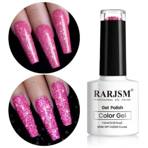 RARJSM Reflective Glitter Gel Nail Polish Sparkling Diamond Neon Pink Gel Polish Holographic Iridescent Shimmer L E D U V Soak Off Sparkle Hot Pink Gel Polish Nail Art Manicure Salon DIY at Home