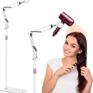 Hair Dryer Stand, 1.68M Height Adjustable, Hands Free Blow Dryer Holder with Heavy Base, 360 Degree Rotating, Work with 99% Dryers, Gift for Mom, Elder, Frozen Shoulder - White