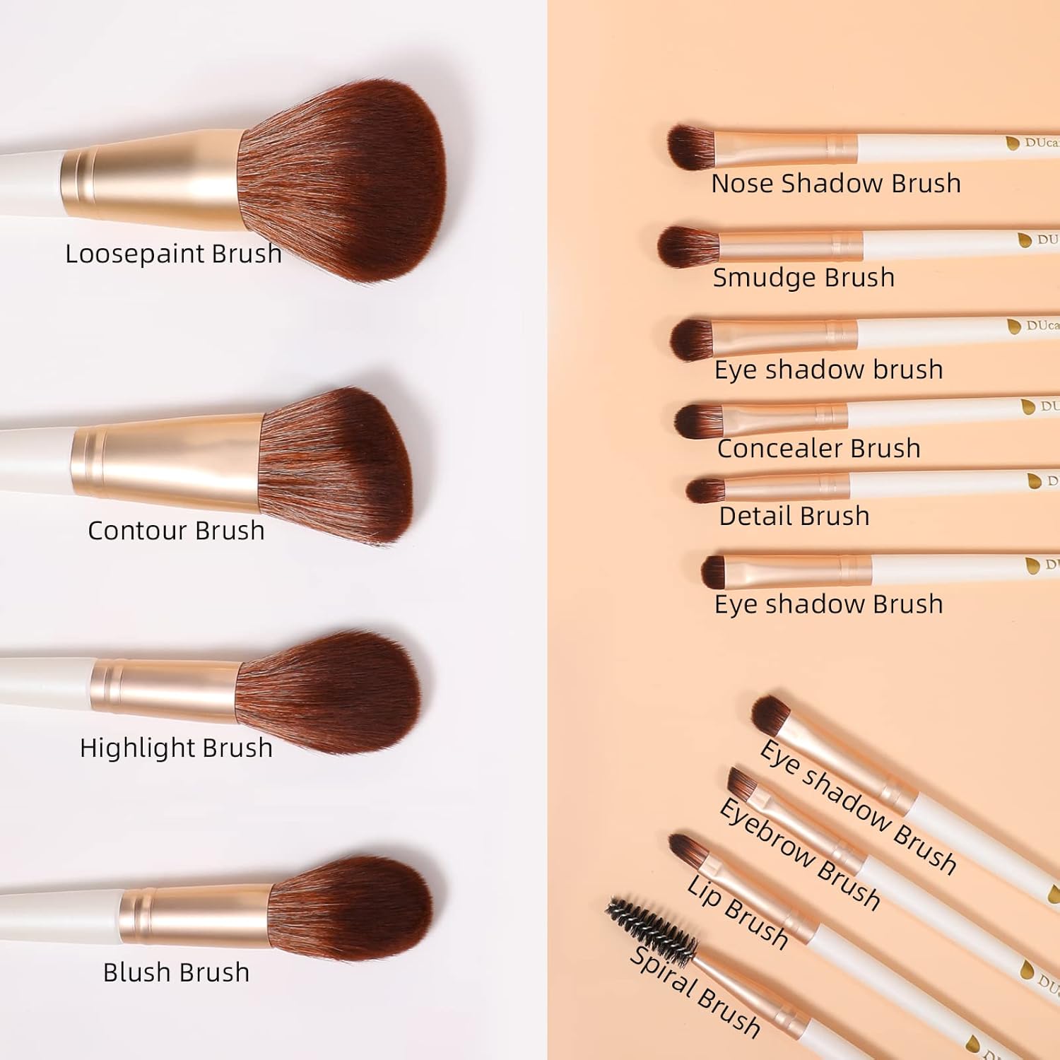 DUcare 14-Piece White Professional Makeup Brush Set with Bag for Foundation, Blush, Eyeshadow - Image 7