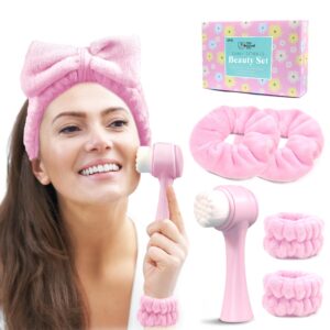 Spa Headband for Washing Face, Skincare headband and wristband set, Facial Cleansing Brush, 2-in-1 Skin Care face Brush, Come with a Hair Scrunchie, For Massaging Makeup Skincare -Pink