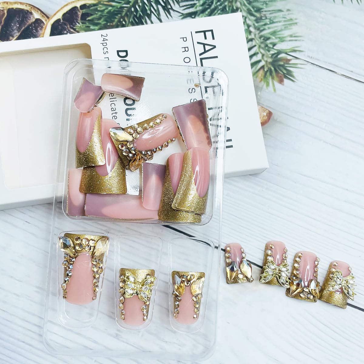 Gold French Tip Press On Nails with Rhinestones Butterfly Design 24 Pcs Long Square - Image 4
