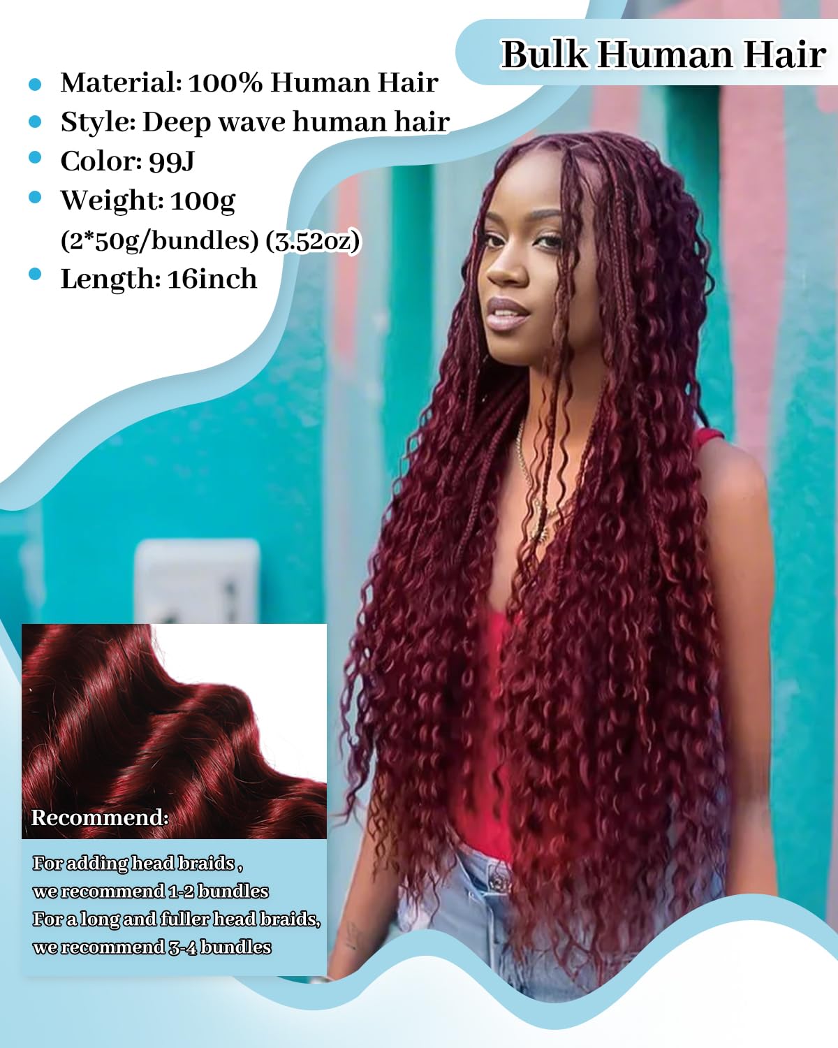 100g 16 Inch Burgundy 99J Deep Wave Human Braiding Hair Bundle - Image 2