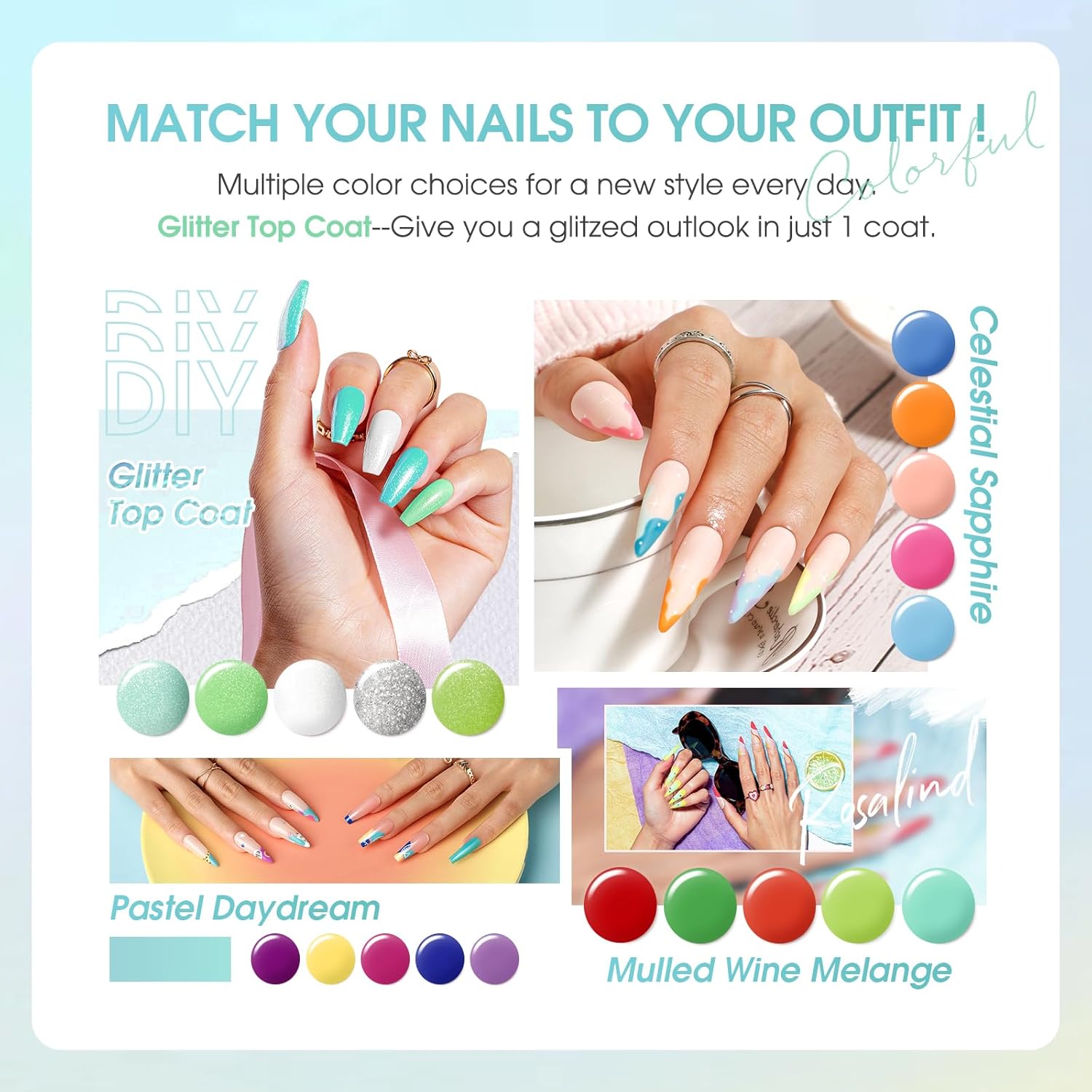 ROSALIND 24 Piece Neon Gel Nail Polish Set with Base and Top Coat for UV Manicure - Image 5