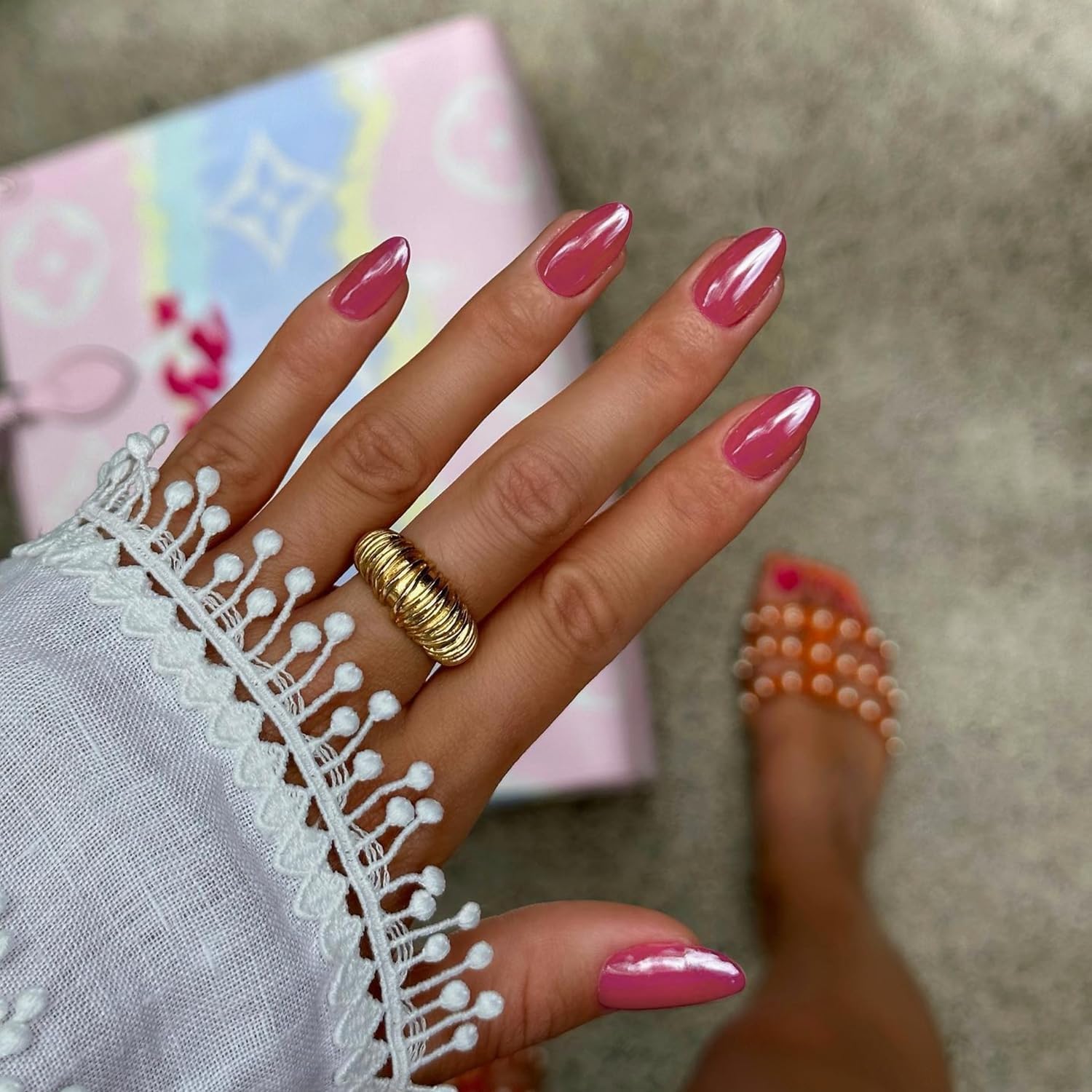Hot Pink Chrome Medium Almond 24 Pcs Acrylic Press On Nails - Image 2