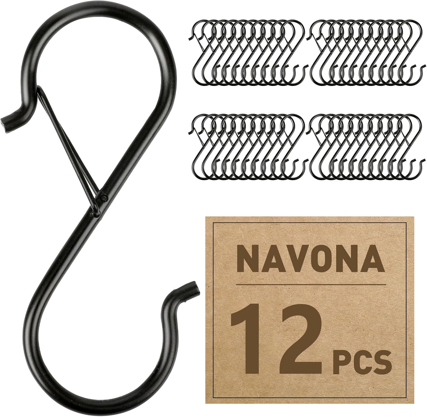 Navona 12 Pcs S Hooks for Hanging Heavy Duty, 3.5-inch Heavy Duty Metal S Hook, Closet Hooks with 0.5-inch Safety Buckle, S Hook for Hanging Plants, Kitchen Utensil, Pot, Pan, Bags