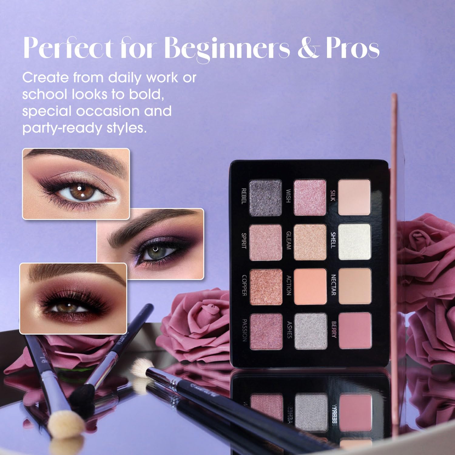 Lamora Nude Pink Eyeshadow Palette 12 Rose Pigmented Shimmer Matte Shades Compact Mirror - Image 6