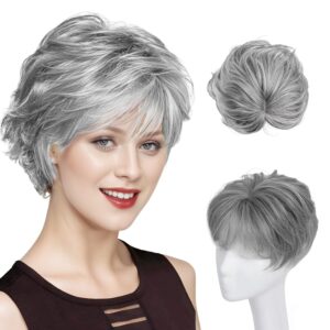 CROWN GUIDE Short Pixie Cut Hair Toppers for Women with Thinning Hair - Clip-In Synthetic Topper with Bangs, 7x7 Breathable Base - Daily Wear Topper for Senior Women & Short Hairstyles (Mixed Grey)