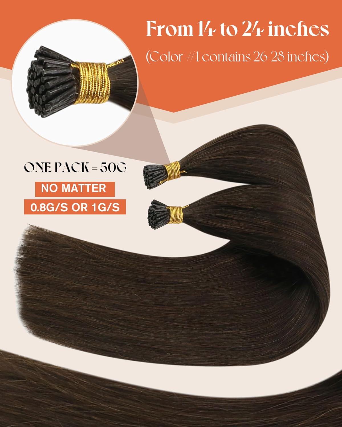 Sunny Hair 20 Inch Dark Brown I Tip Remy Human Hair Extensions 50g - Image 2