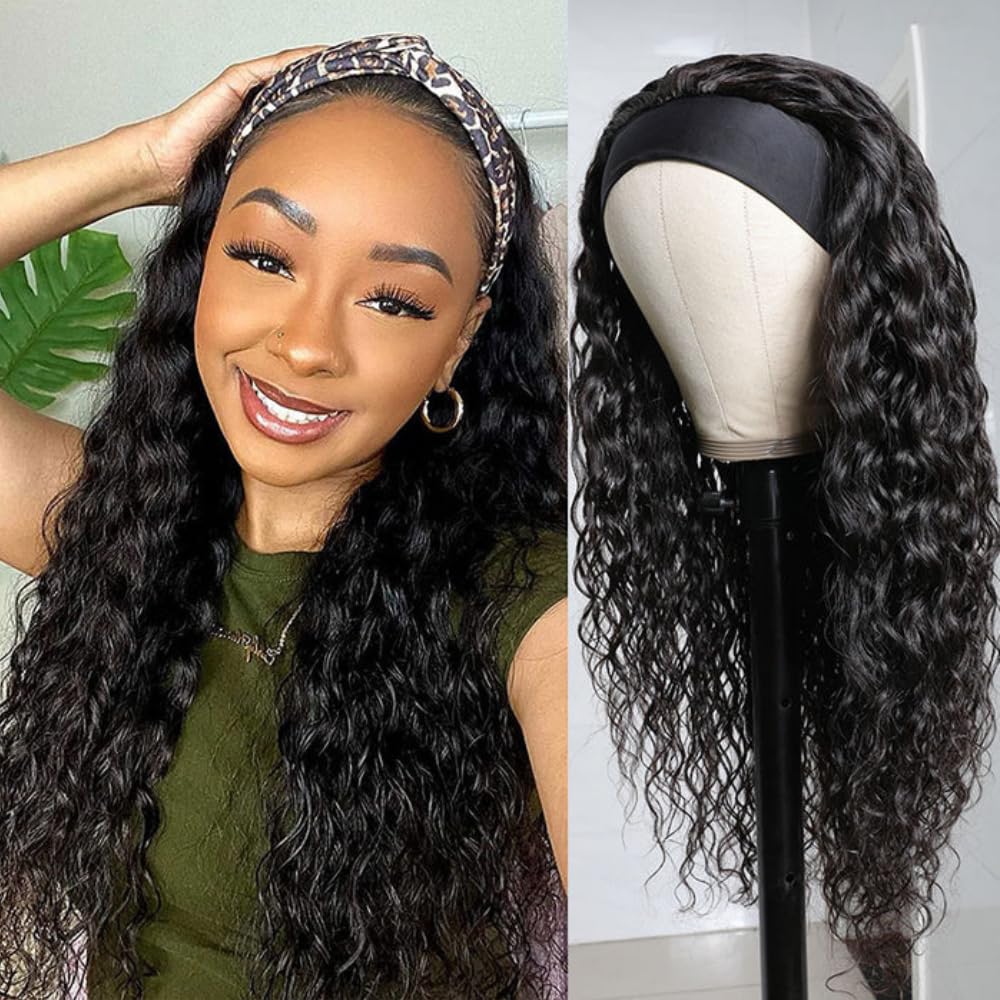 KLAIYI 24-Inch Water Wave Curly Human Hair Headband Wig 180% Density for Black Women - Image 9