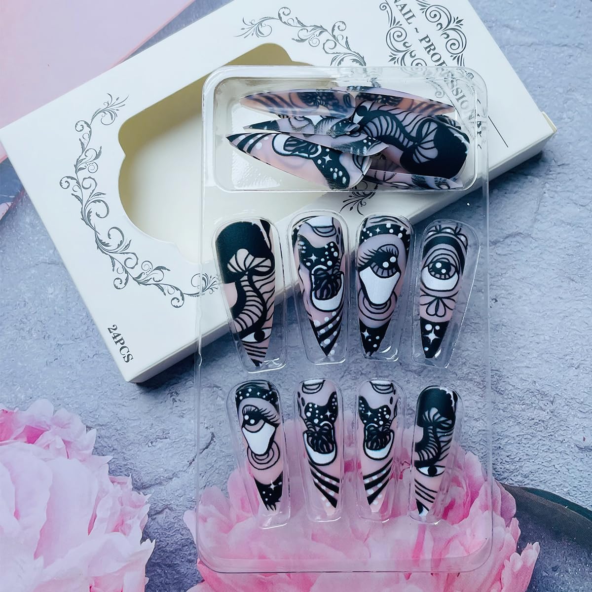 Gothic Long Almond Press on Nails with Black Eye Design, 24 Pcs Full Cover Acrylic Nails - Image 3