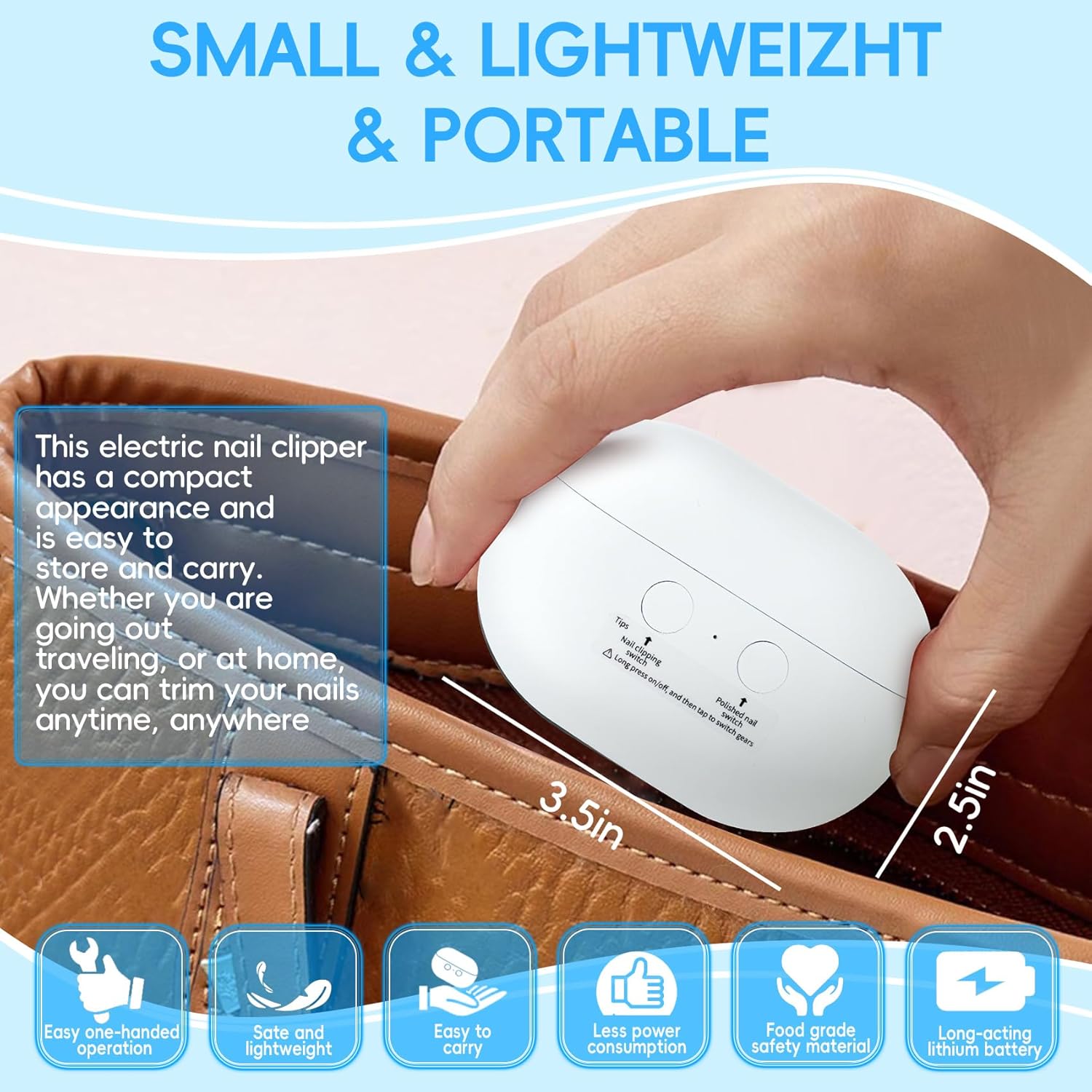 Rechargeable Electric Nail Trimmer 3-in-1 Clipper, Polisher, and File, Frosted White - Image 7