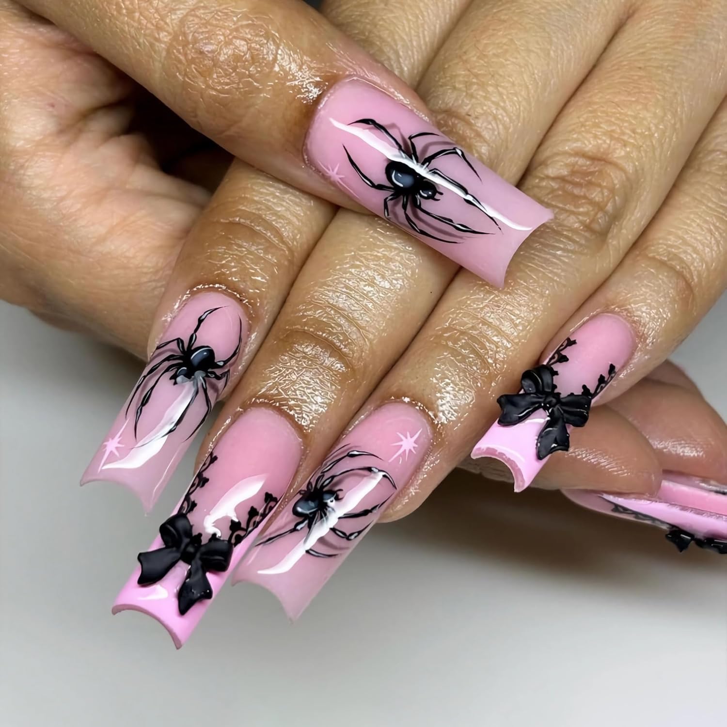 BABALAL 24Pcs Long Square Press on Nails with Black Spider Goth Design and Bow Charm - Image 2