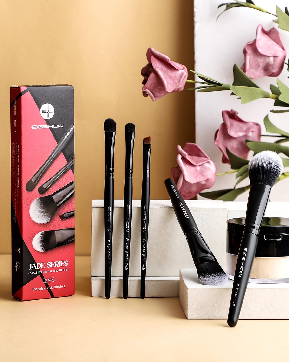 EIGSHOW 5-Piece Vegan Makeup Brush Set for Foundation Powder Eyeshadow Eyeliner Black - Image 8