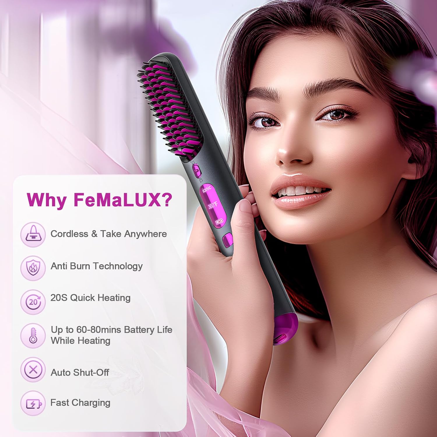 Portable Cordless Hair Straightener Brush for Women, Lightweight, 80min Battery Life, Fast Heating - Image 6