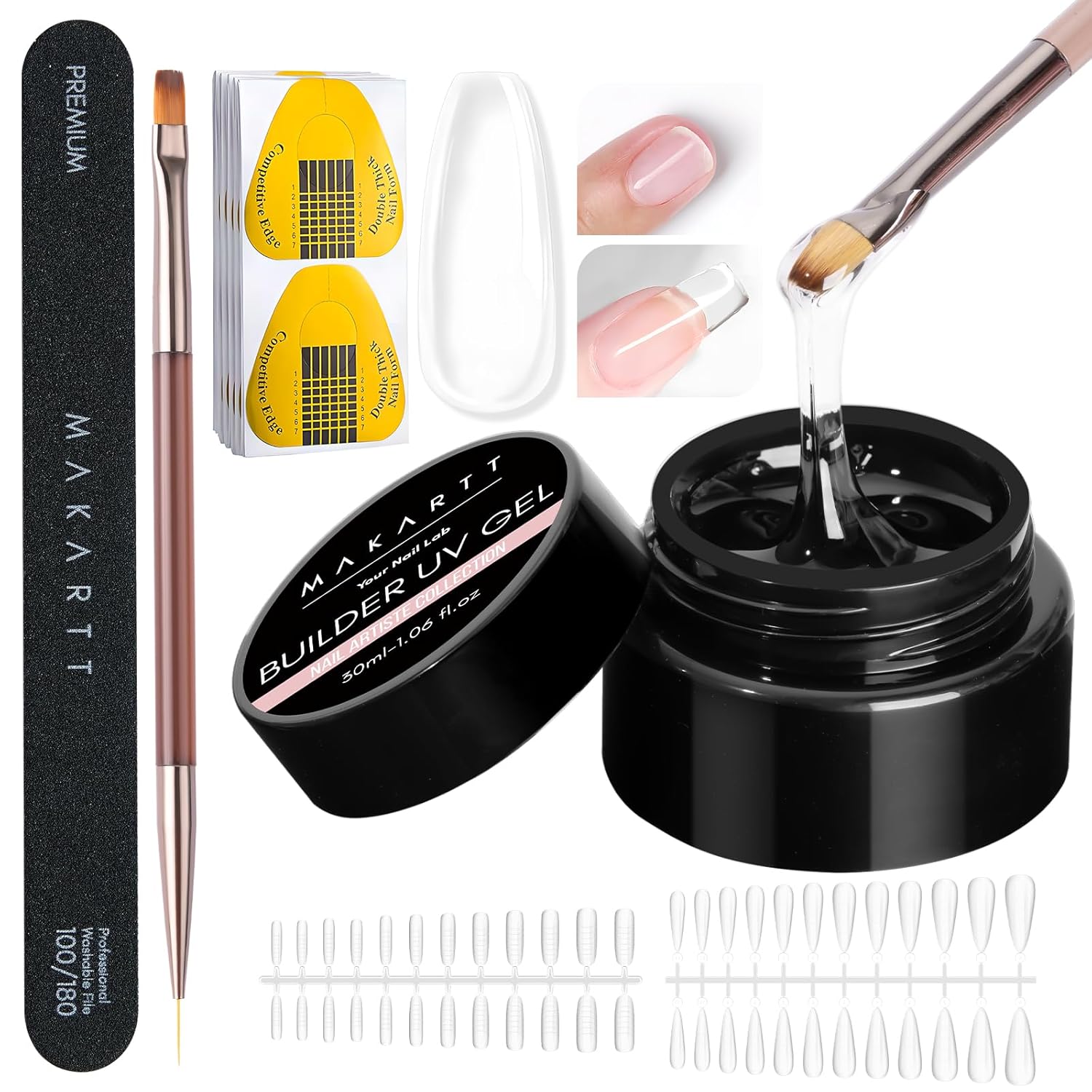 Makartt Clear Gel Builder Kit: Self-Levelling, Long Lasting Nail Extension Hard Gel for Strengthener, Broken Nail Repair Gel Kit with Paper Forms, Dual forms, Nail File and Dual-End Brush 1.06 oz