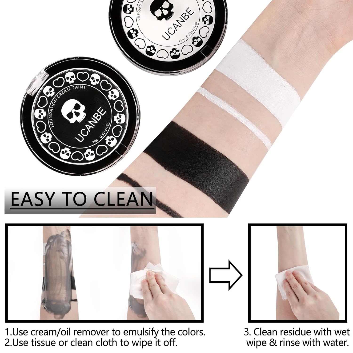 UCANBE 12-Color Black & White Face and Body Paint Cream Foundation Kit with Brush for Cosplay Halloween - Image 4