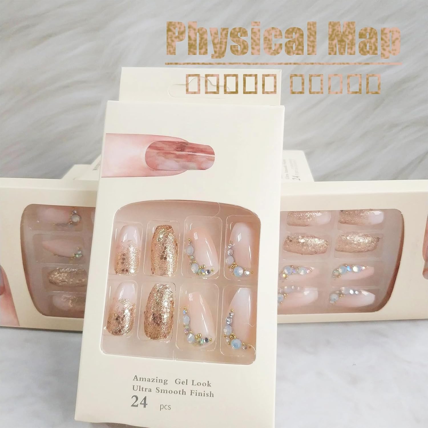 24Pcs Medium Coffin Press on Nails with Rhinestones and Gold Glitter Design for Women - Image 8